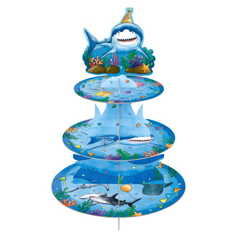 WERNNSAI Shark Cupcake Stand 3 Tier Blue Shark Birthday Party Decorations for Boys Kids Under The Sea Party Supplies Ocean Animal Cupcake Holder Shark Dessert Tower for Ocean Theme Baby Shower Summer Party Supplies