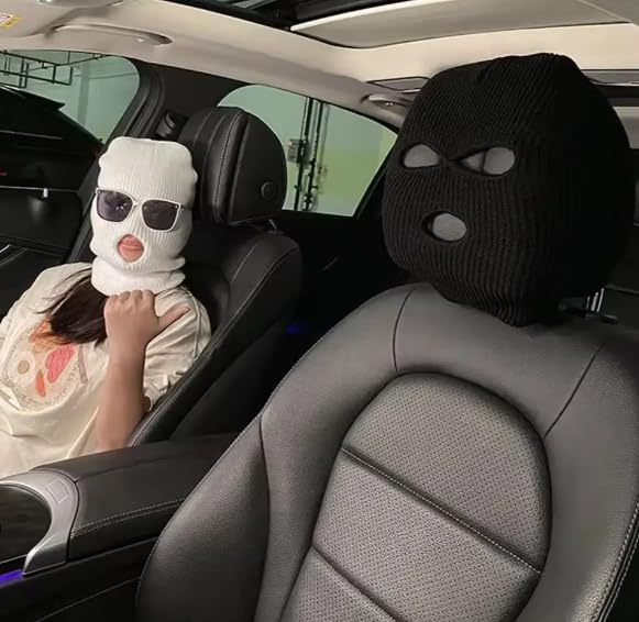 YOURKARTS.COM Car Seat Headrest Full Face Cover – Funny Ski Mask Hat Design with Anti-Ash Protection for Car Seats-White (Pack of 2) Car seat ski mask - Image 1