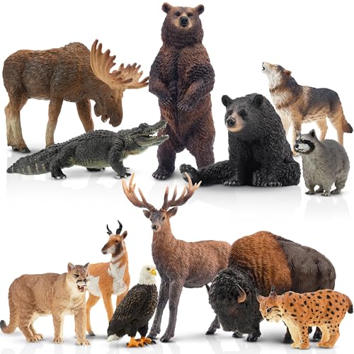 Toymany 12PCS North American Forest Animal Figurines, Realistic Jungle Animal Set Includes Moose,Cougar,Wolf,Bear,Eagle,Deer Educational Toy Cake Toppers Christmas Birthday Gift for Toddlers Kids 3-5 - Image 1