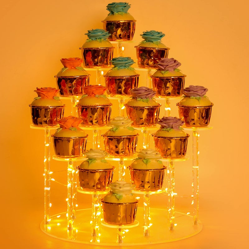 YestBuy Cupcake Stand for 16 CupcakesIdeal Acrylic Cupcake Tower Stand with Yellow LightsCupcake Display Stands for Parties Perfect Cupcake Holder for Dessert Tables