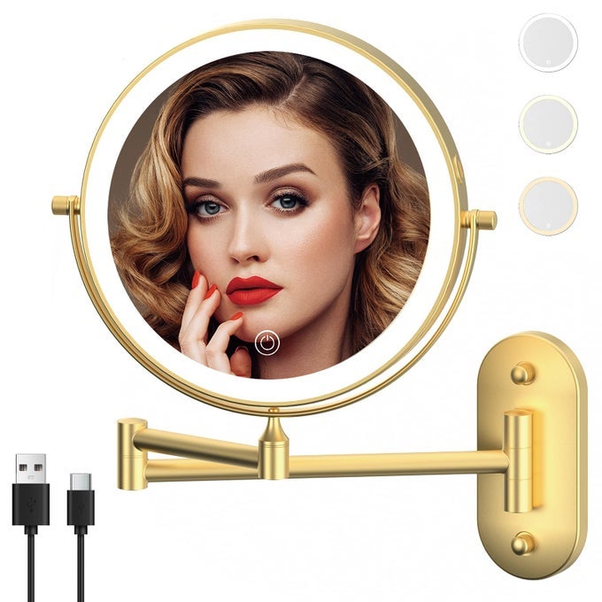 RECHARGEABLE WALL MOUNTED LIGHTED MAKEUP VANITY MIRROR 8 INCH DOUBLE SIDED 1X 10X MAGNIFYING BATHROOM MIRROR 3 COLOR LIGHTING TOUCH SCREEN DIMMING 360 ROTATION SHAVING MIRROR