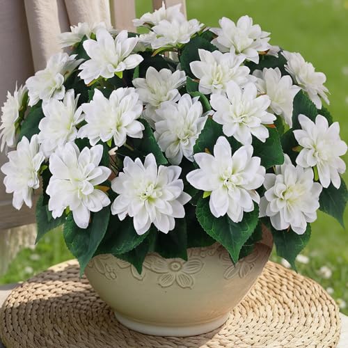 VIERENA 8 Bundles Artificial Dahlia Flowers for Outdoors Spring Summer Decor, No Fade Silk Flower Faux Dahlias Plant Arrangement for Home Garden Balcony Farmhouse（White） - Image 1