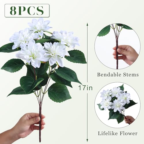 VIERENA 8 Bundles Artificial Dahlia Flowers for Outdoors Spring Summer Decor, No Fade Silk Flower Faux Dahlias Plant Arrangement for Home Garden Balcony Farmhouse（White） - Image 5
