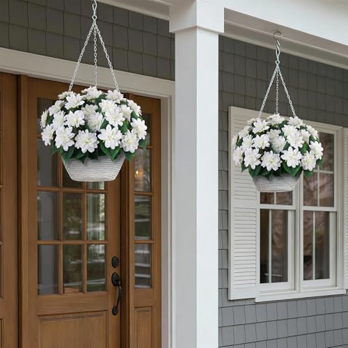 VIERENA 8 Bundles Artificial Dahlia Flowers for Outdoors Spring Summer Decor, No Fade Silk Flower Faux Dahlias Plant Arrangement for Home Garden Balcony Farmhouse（White） - Image 4