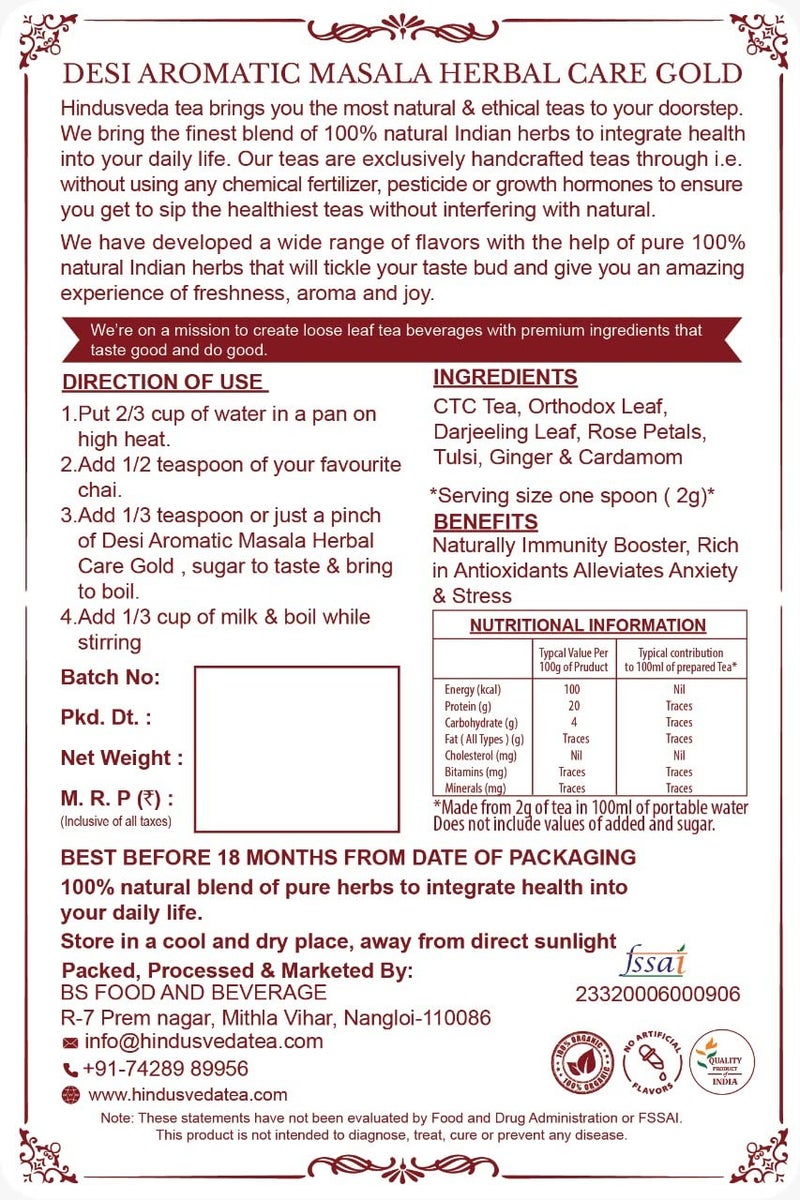 HINDUSVEDA TEA Hindusveda Natural Desi Aromatic Masala Herbal Care Gold Tea | Aroma Black Tea with All Natural Ingresdients (500gm) - Image 2