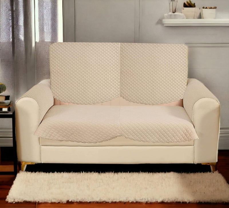 STARNSTYLE Velvet Self Design Quilted Sofa Chair Cover 2 Seater Arm Cover Beige - Image 1