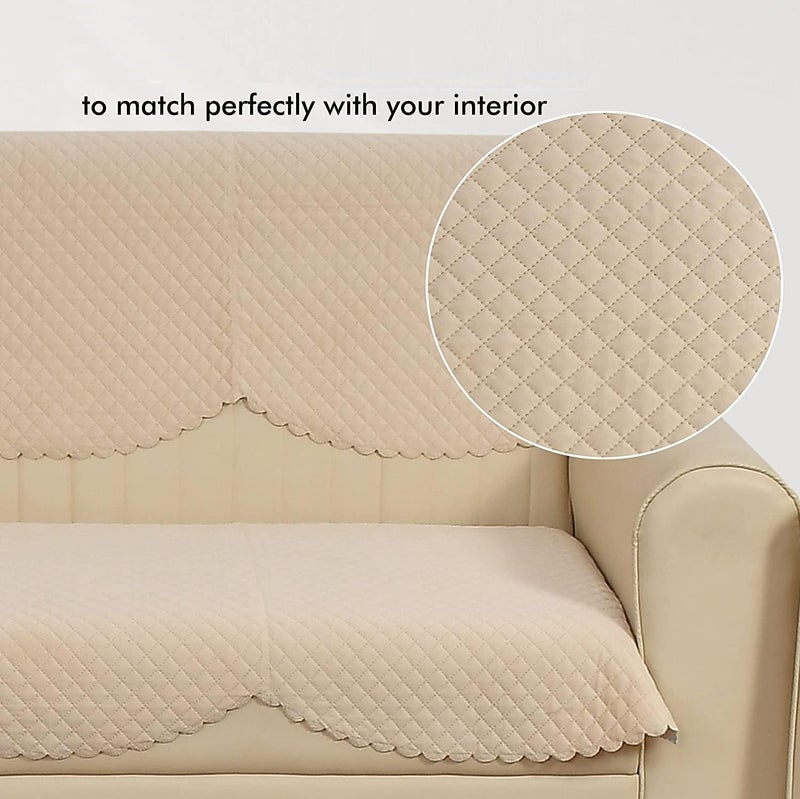STARNSTYLE Velvet Self Design Quilted Sofa Chair Cover 2 Seater Arm Cover Beige - Image 2