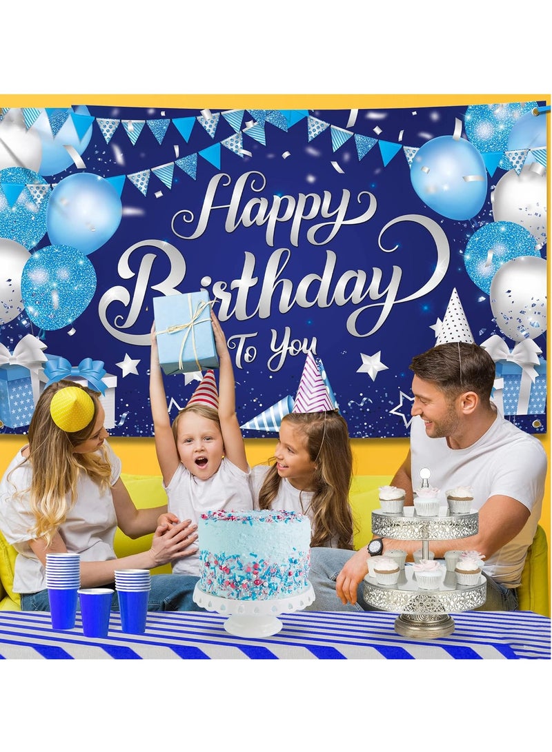 MIXDE Birthday Backdrop Banner, Large Blue Silver Balloon Star  Party Sign Poster Photo Booth Backdrop,Birthday Party Decorations,Cake Table Banner Supplies,Party Supplies - Image 2