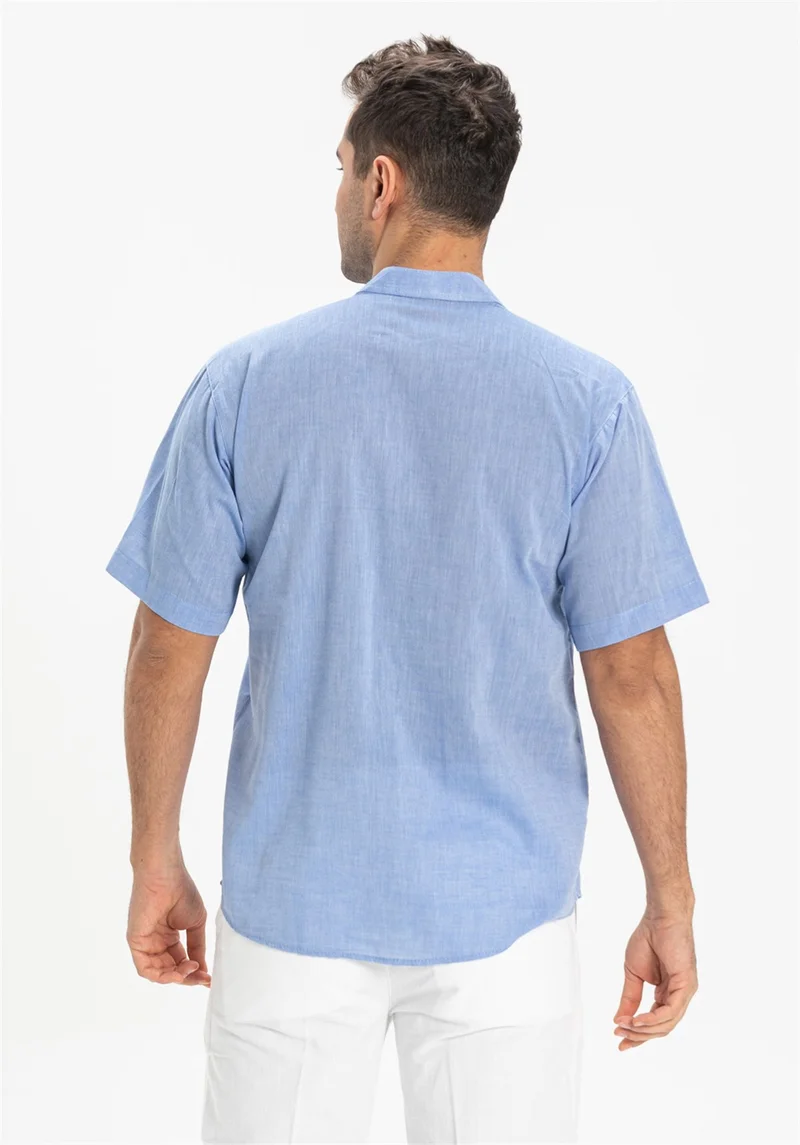 Eliş Şile Bezi Kısa Kol Şile Bezi Tek Cepli Hakim Yaka Erkek Tshirt Mavi 3032