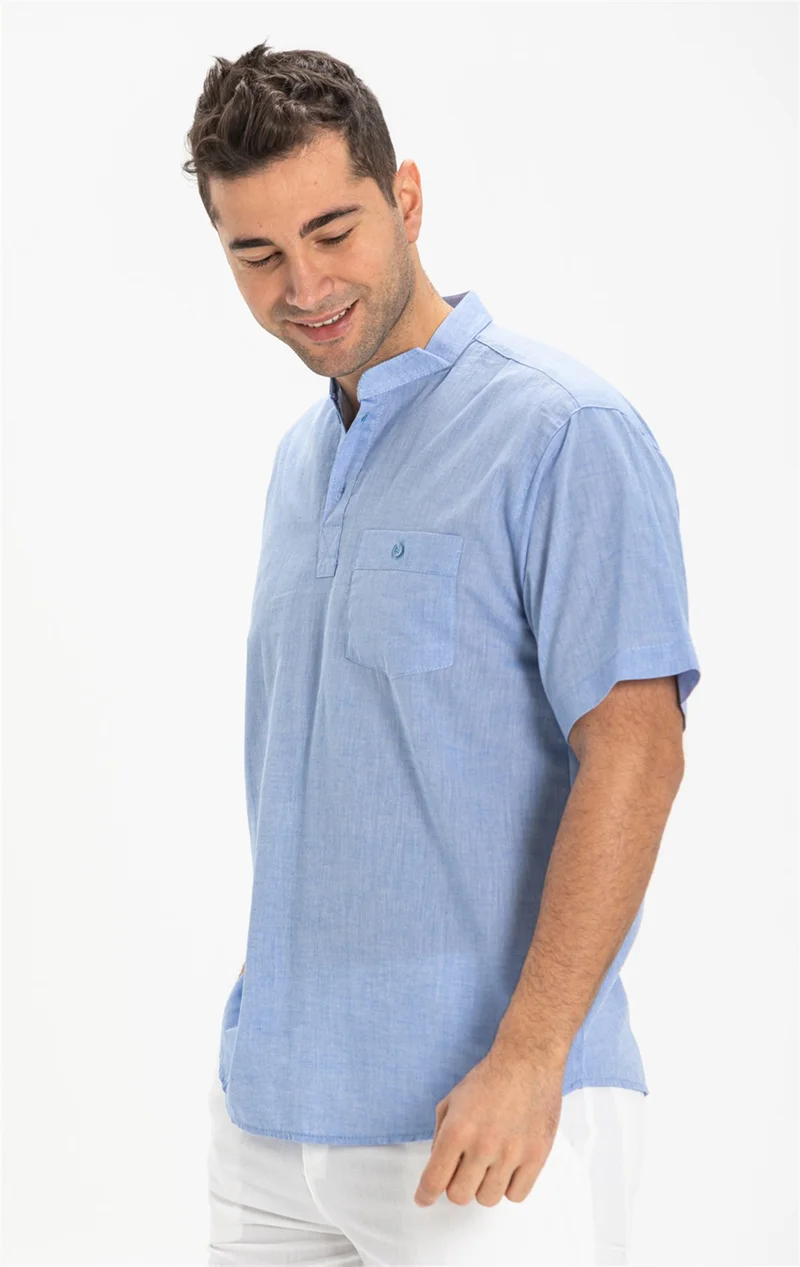 Eliş Şile Bezi Kısa Kol Şile Bezi Tek Cepli Hakim Yaka Erkek Tshirt Mavi 3032