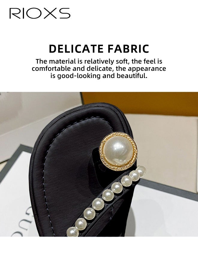 RIOXS Women's Wedge Sandals, Dressy Summer Chunky Platform Toe Ring Flip-flops with Pearls, Comfortable Slip-Ons Sandal for Ladies, Fashion Slide Slippers Open-toes Walking Wedges Beach Shoes for Work/ Travel/ Shoppig/ Daily Wear, Black - Image 4