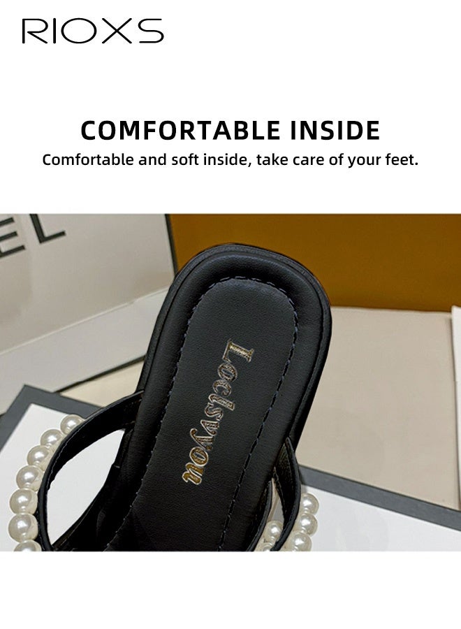 RIOXS Women's Wedge Sandals, Dressy Summer Chunky Platform Toe Ring Flip-flops with Pearls, Comfortable Slip-Ons Sandal for Ladies, Fashion Slide Slippers Open-toes Walking Wedges Beach Shoes for Work/ Travel/ Shoppig/ Daily Wear, Black - Image 5