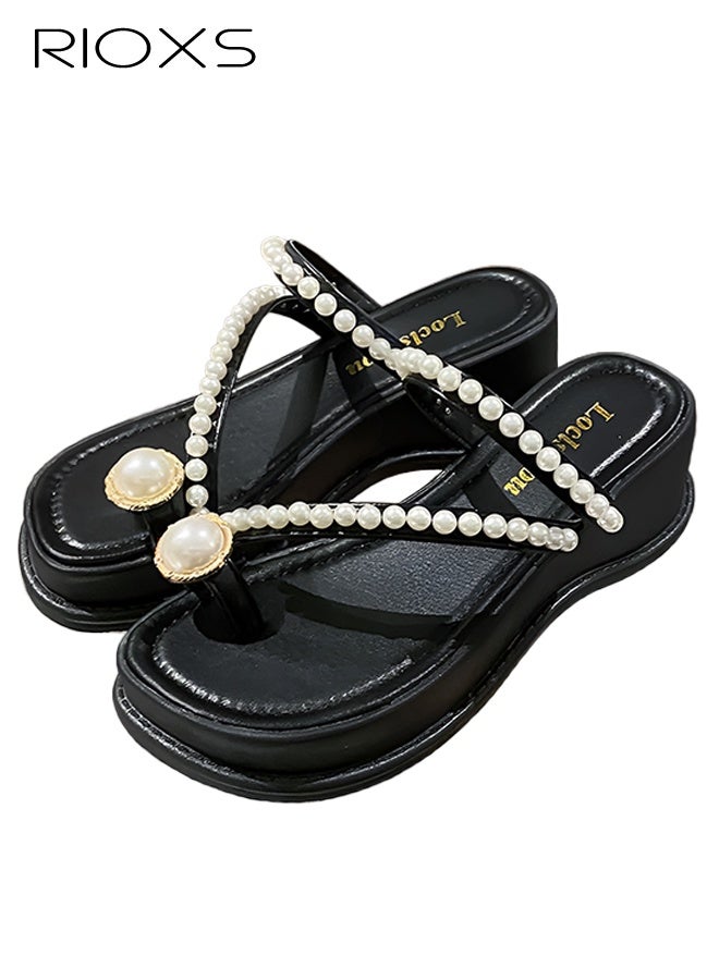 RIOXS Women's Wedge Sandals, Dressy Summer Chunky Platform Toe Ring Flip-flops with Pearls, Comfortable Slip-Ons Sandal for Ladies, Fashion Slide Slippers Open-toes Walking Wedges Beach Shoes for Work/ Travel/ Shoppig/ Daily Wear, Black - Image 3