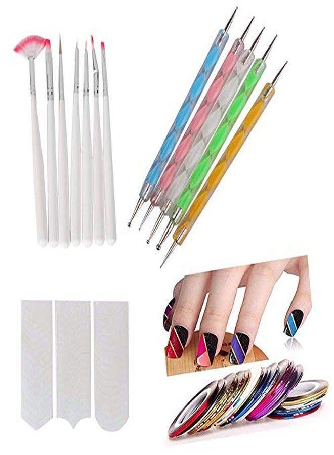 SAVNI combo of 7 brushes, 5 nail tools, 10 1mm striping nail tape and 3 pcs of french manicure tips - Image 1