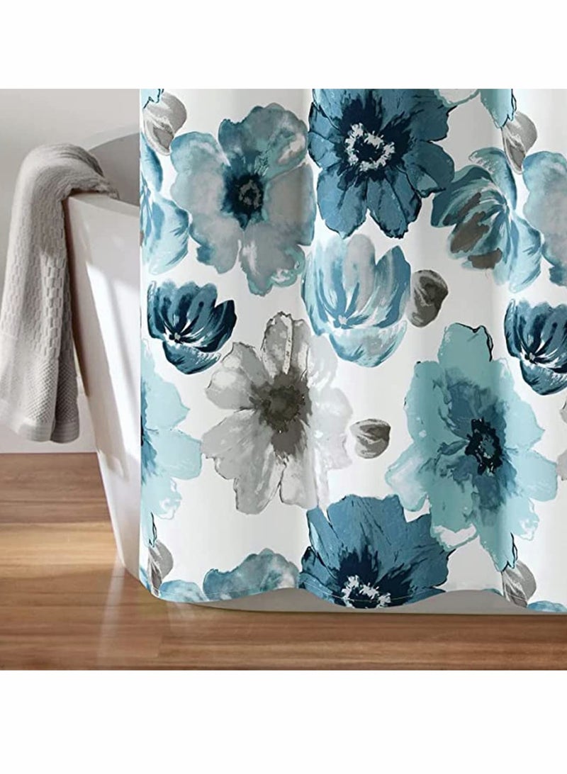 Watercolor Floral Shower Curtain for Bathroom Decor with 12 Hooks, Heavy Gray Design, 180 x 180 cm Size in Blue and Gray - Image 2