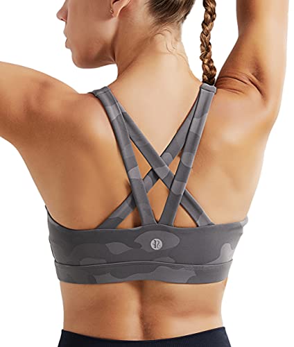 RUNNING GIRL حمالة صدر رياضية RUNNING GIRL للنساء، حمالة صدر مبطنة بتصميم متقاطع الظهر دعم متوسط لحمالة صدر اليوغا مع أكواب قابلة للإزالة (2575_كامو أسود_XL) - Image 1