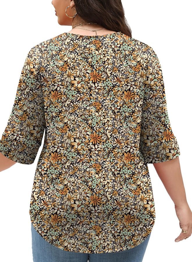 TFSDOD Plus Size Tops for Women V Neck T Shirt 3/4 Length Sleeve Blouse Dressy Casual Tee Loose Fit XL-5X, Black Daisy, 4XL - Image 4