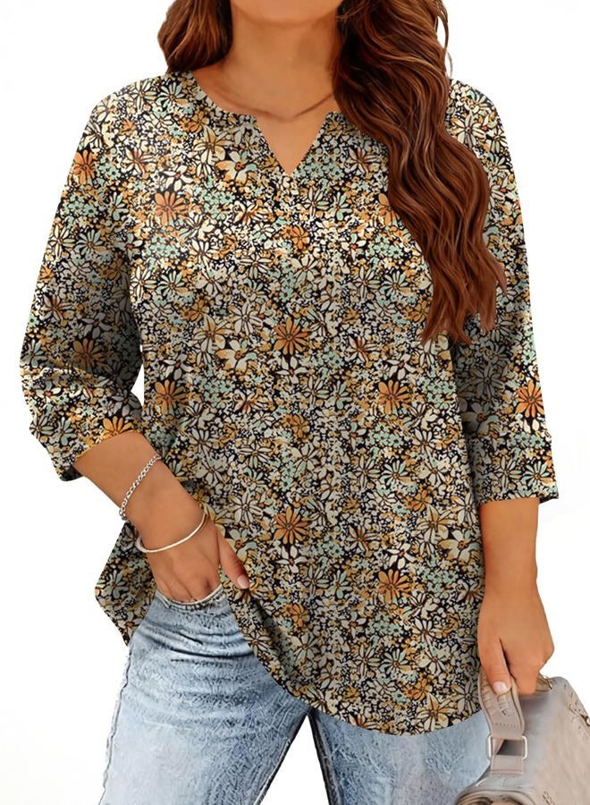 TFSDOD Plus Size Tops for Women V Neck T Shirt 3/4 Length Sleeve Blouse Dressy Casual Tee Loose Fit XL-5X, Black Daisy, 4XL - Image 1
