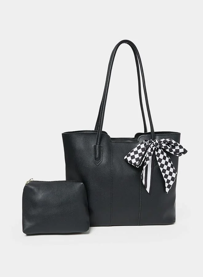 Styli Solid Ribbon Detail Shoulder Bag and Pouch Set