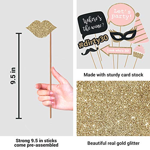Perfect Occasion Fully Assembled 30th Birthday Photo Booth Props - Set of 30 - Pink & Gold Selfie Signs - 30th Party Supplies & Decorations - Cute Bday Designs with Real Glitter - Did We Mention No DIY - Image 4