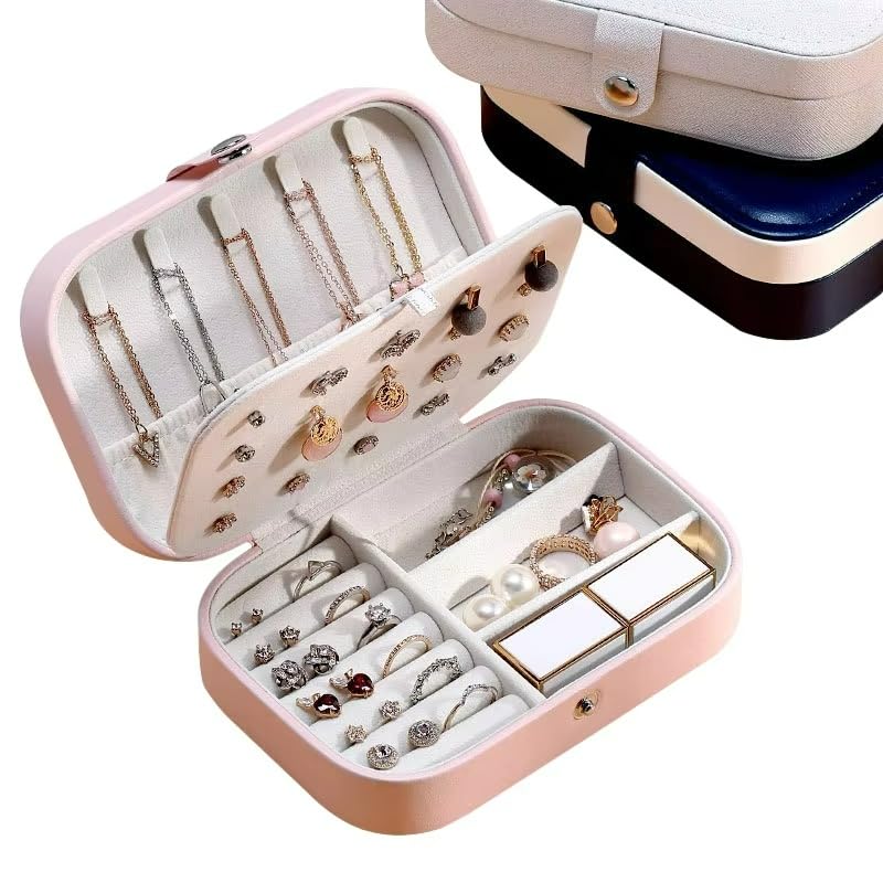Storescent Jewelry Box- Portable Travel Jewelry Box, Small Two-Layer Jewelry Organizer, Synthetic Leather Jewelry Storage Case for Ring, Necklace, Earring (Pink) - Image 2