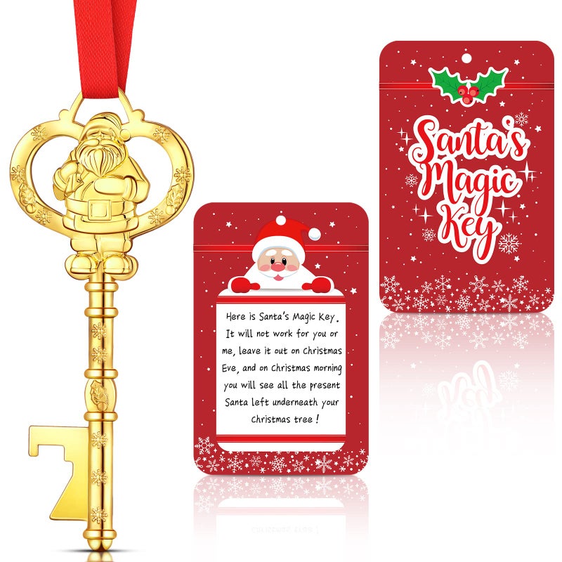 Christmas Santa Key for No Chimney Houses Metal Key Hanging Ornament Christmas Tree Ornament with Card for Xmas Tree House Holiday DecorationGold