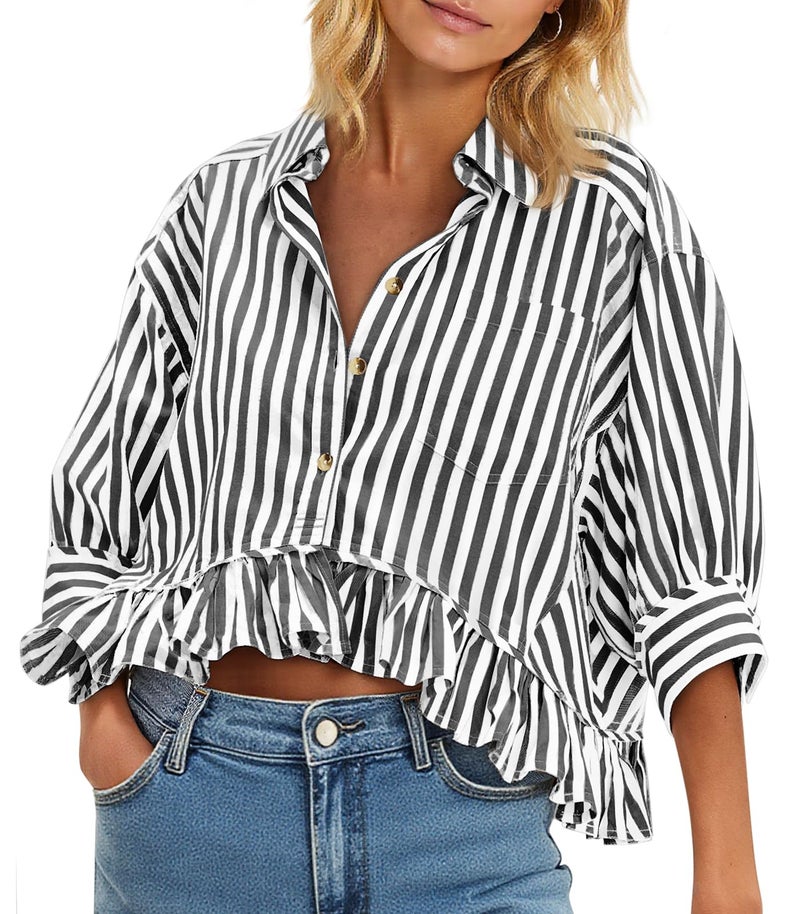 Cicy Bell Womens Ruffle Striped Button Down Shirts Cropped 3/4 Length Sleeve Summer Tops Dressy Casual Blouses Black - Image 1