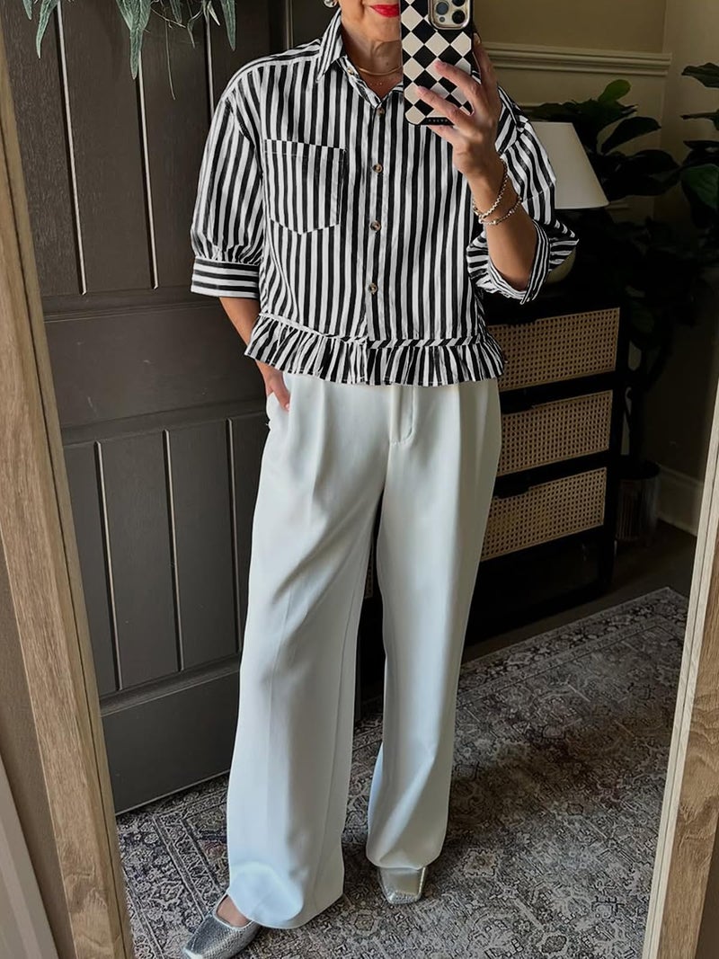Cicy Bell Womens Ruffle Striped Button Down Shirts Cropped 3/4 Length Sleeve Summer Tops Dressy Casual Blouses Black - Image 5