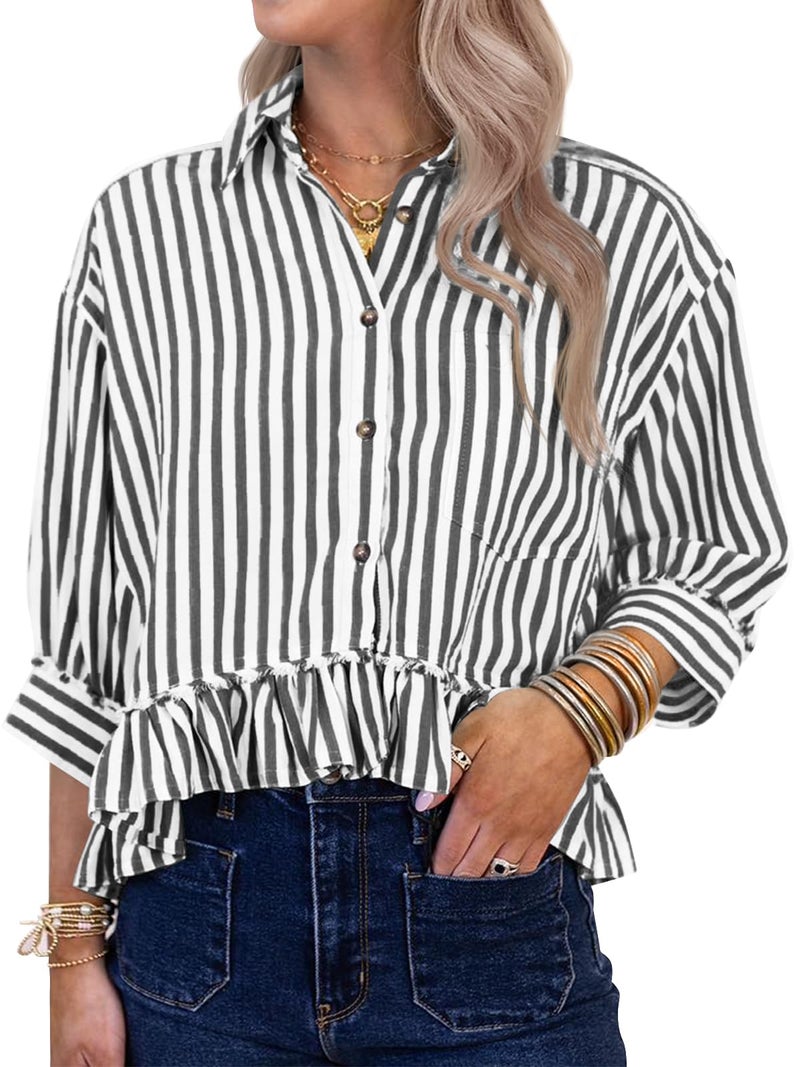 Cicy Bell Womens Ruffle Striped Button Down Shirts Cropped 3/4 Length Sleeve Summer Tops Dressy Casual Blouses Black - Image 2