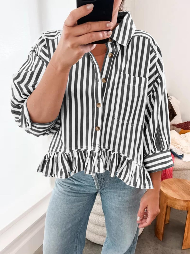 Cicy Bell Womens Ruffle Striped Button Down Shirts Cropped 3/4 Length Sleeve Summer Tops Dressy Casual Blouses Black - Image 3