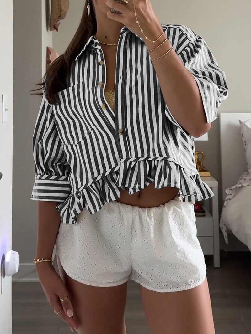 Cicy Bell Womens Ruffle Striped Button Down Shirts Cropped 3/4 Length Sleeve Summer Tops Dressy Casual Blouses Black - Image 4