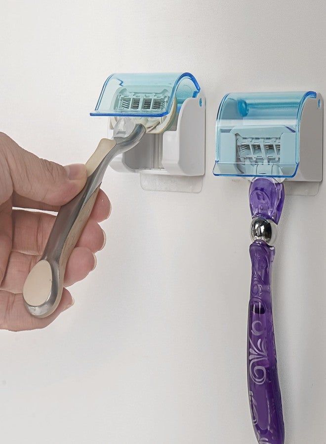 LUEXBOX 2 Pack Razor Holder with Cover for Shower Wall, Self Adhesive Razor Stand Shaver Organizer, Plastic Razor Hanger Hooks Compatible with Fusion 5 Proglide, Mach 3 Classic (Clear Blue) - Image 5