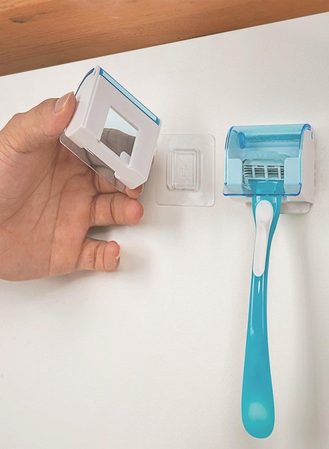 LUEXBOX 2 Pack Razor Holder with Cover for Shower Wall, Self Adhesive Razor Stand Shaver Organizer, Plastic Razor Hanger Hooks Compatible with Fusion 5 Proglide, Mach 3 Classic (Clear Blue) - Image 4