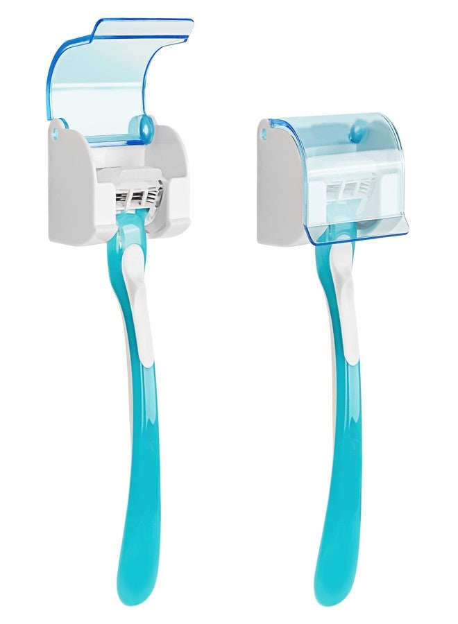 LUEXBOX 2 Pack Razor Holder with Cover for Shower Wall, Self Adhesive Razor Stand Shaver Organizer, Plastic Razor Hanger Hooks Compatible with Fusion 5 Proglide, Mach 3 Classic (Clear Blue) - Image 1