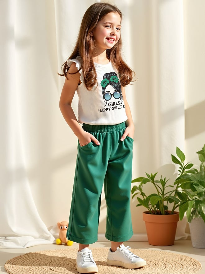 تايك تو طقم قطعتين للأطفال: تي شيرت أخضر مطبوع وبنطلون واسع الساق - Image 3