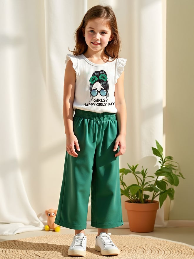 تايك تو طقم قطعتين للأطفال: تي شيرت أخضر مطبوع وبنطلون واسع الساق - Image 4