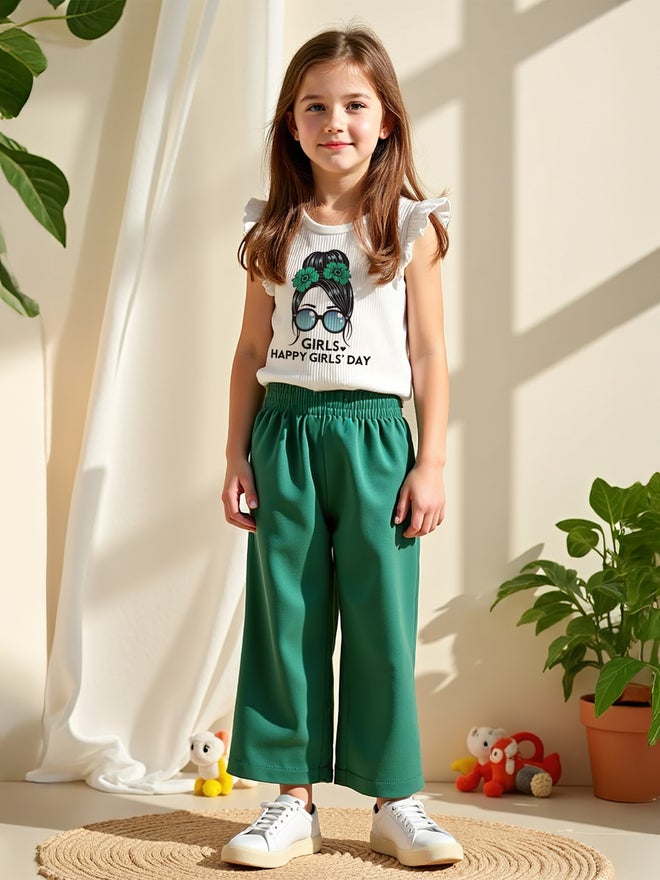 تايك تو طقم قطعتين للأطفال: تي شيرت أخضر مطبوع وبنطلون واسع الساق - Image 1