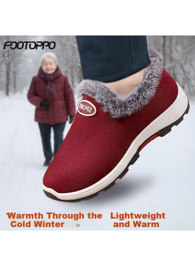 Footoppo Slip-on Fleece-lined Cotton Shoes For Women, Warm Winter Shoes For Elderly, Traditional Beijing Style Cotton Shoes, Comfortable Walking Shoes For Older Ladies And Mothers - Image 1