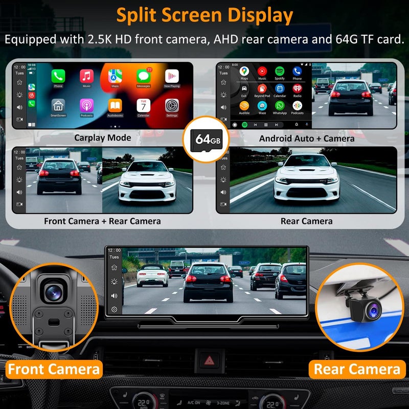 GLEVAR Touchscreen Car Stereo – Dual Display Car Multimedia System – Wireless CarPlay & Android Auto, Front + Rear Camera Kit, 64GB TF Card Included, Universal Plug & Play for Any Vehicle - Image 3