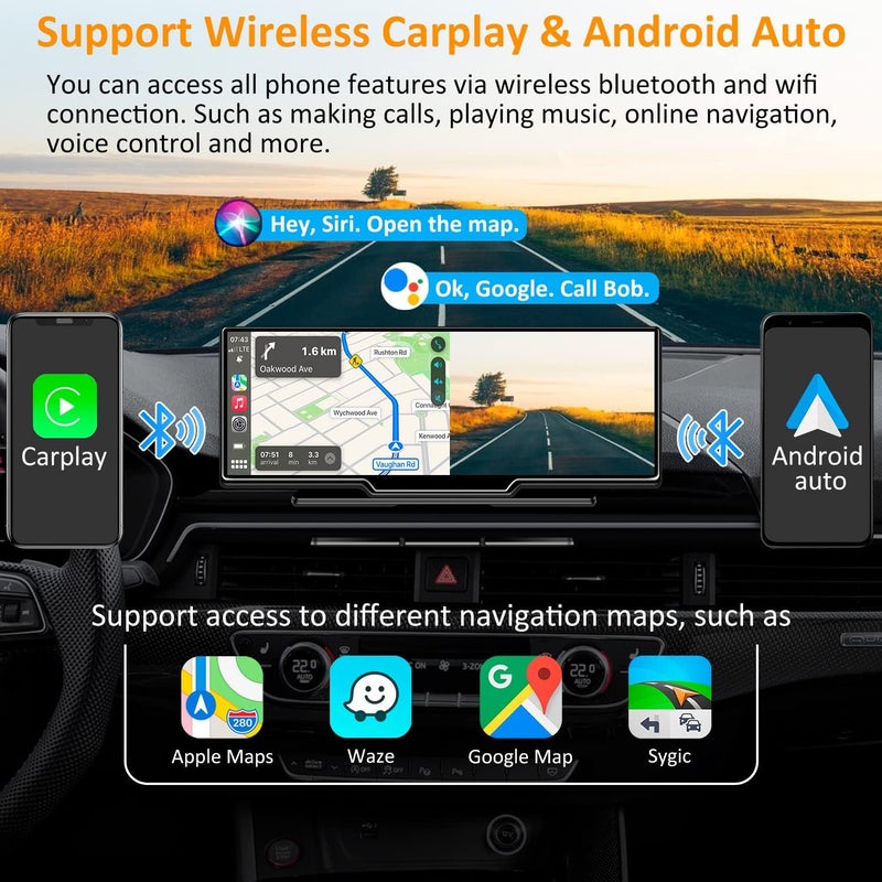 GLEVAR Touchscreen Car Stereo – Dual Display Car Multimedia System – Wireless CarPlay & Android Auto, Front + Rear Camera Kit, 64GB TF Card Included, Universal Plug & Play for Any Vehicle - Image 2