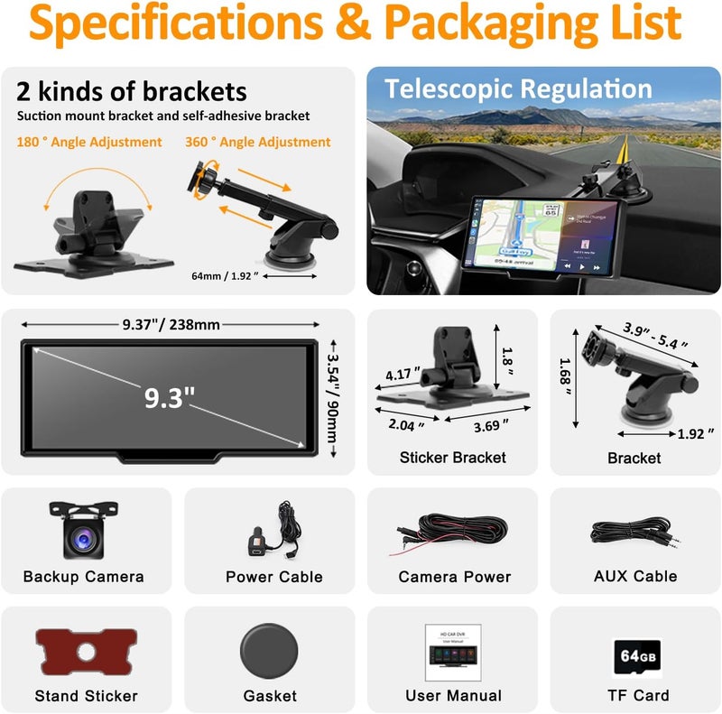 GLEVAR Touchscreen Car Stereo – Dual Display Car Multimedia System – Wireless CarPlay & Android Auto, Front + Rear Camera Kit, 64GB TF Card Included, Universal Plug & Play for Any Vehicle - Image 5