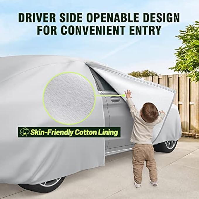 Favoto Sedan Cover Car Cover Universal Fit 169-185 Inch Right Side Zipper Design Sun Protection Waterproof Windproof Dustproof Snow Leaves Scratch Resistant Full Exterior Covers Silver - Image 3