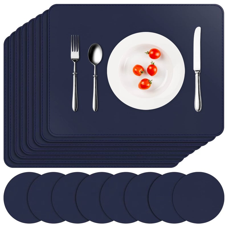 APLKER Placemats and Coasters Set of 8 PU Leather Waterproof DualSided Table Mats NonSlip Washable Place Mats for Home Kitchen Restaurant 16 x 12 inch Navy Blue