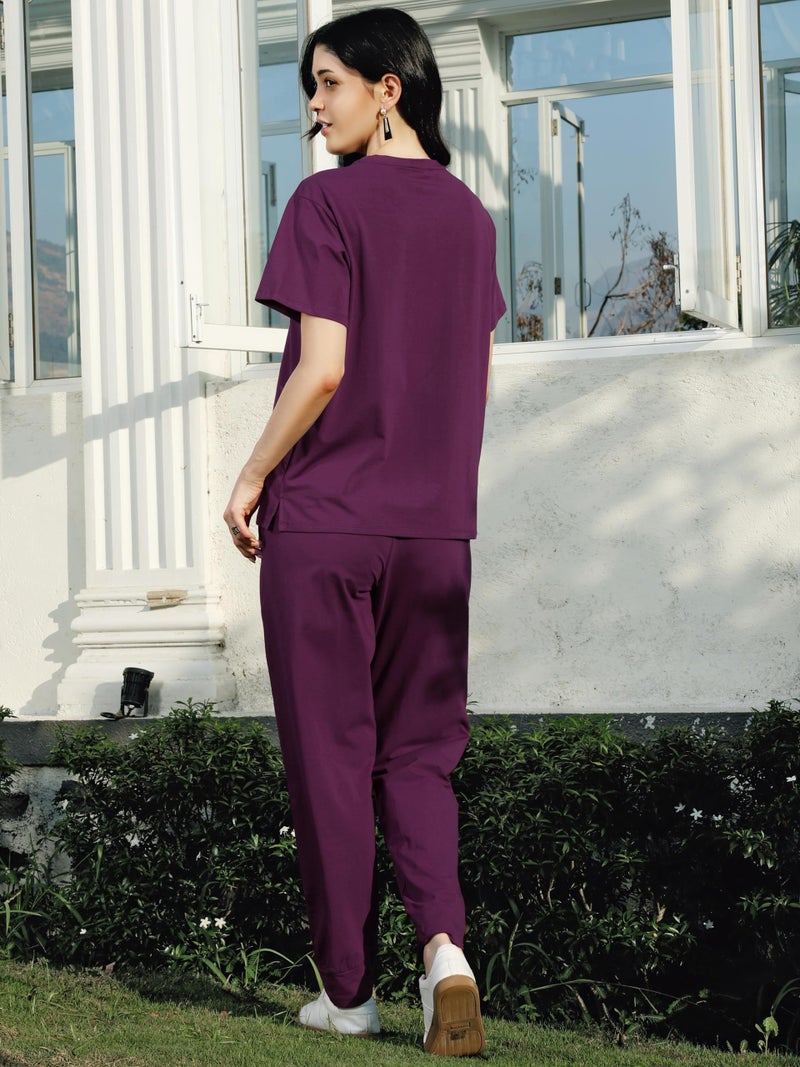 ZEYO Night Suit for Women's Purple Typography Printed Cotton Night Dress of Top and Joggers 5853 - Image 5
