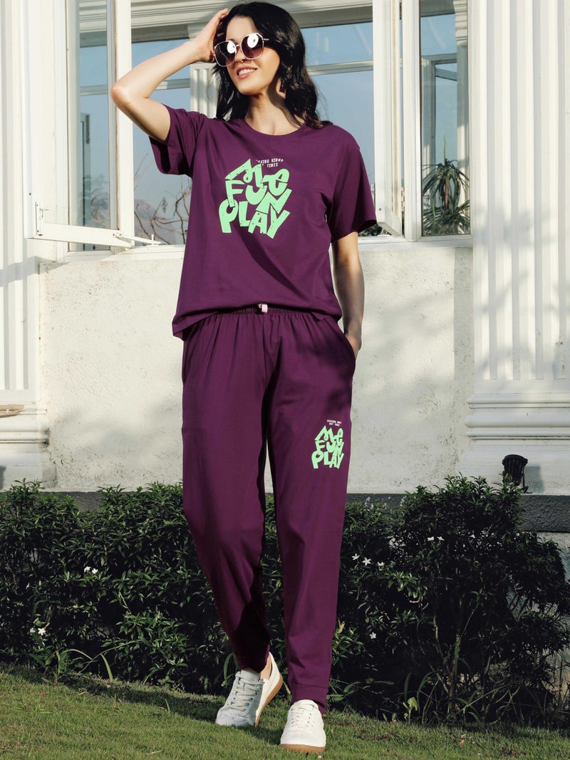 ZEYO Night Suit for Women's Purple Typography Printed Cotton Night Dress of Top and Joggers 5853 - Image 4