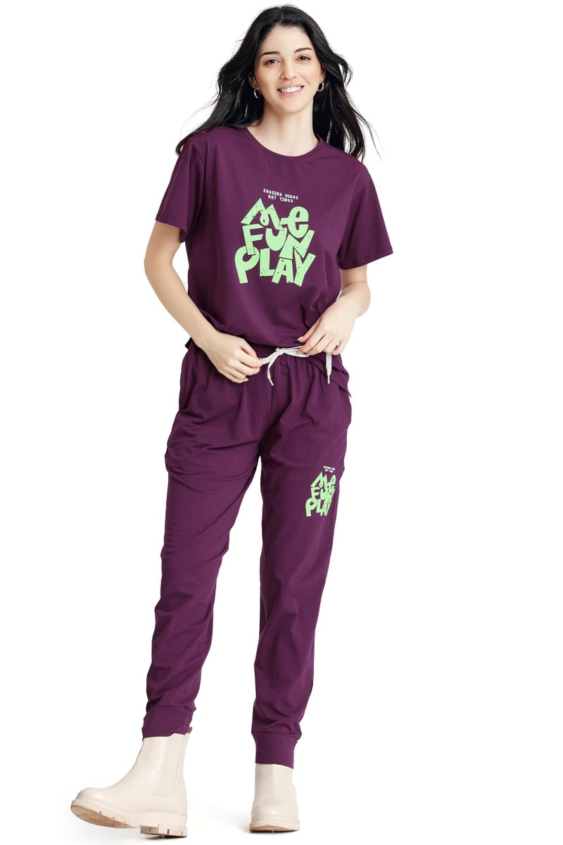 ZEYO Night Suit for Women's Purple Typography Printed Cotton Night Dress of Top and Joggers 5853 - Image 1