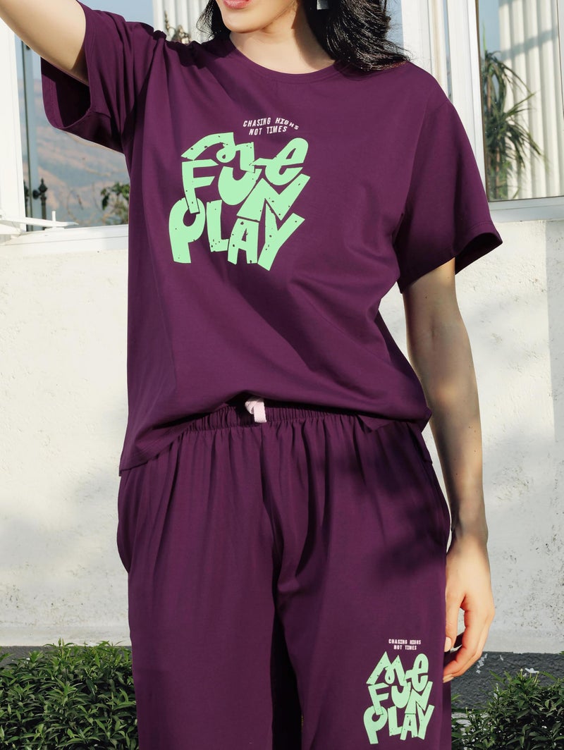 ZEYO Night Suit for Women's Purple Typography Printed Cotton Night Dress of Top and Joggers 5853 - Image 2