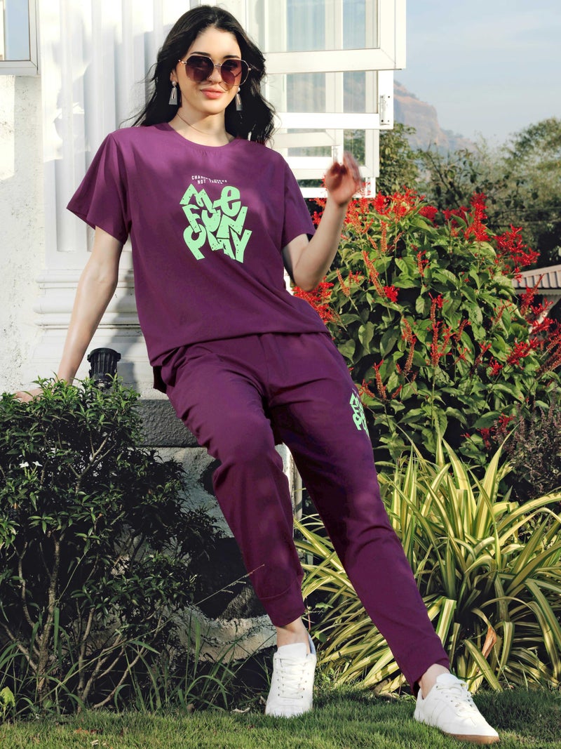 ZEYO Night Suit for Women's Purple Typography Printed Cotton Night Dress of Top and Joggers 5853 - Image 3