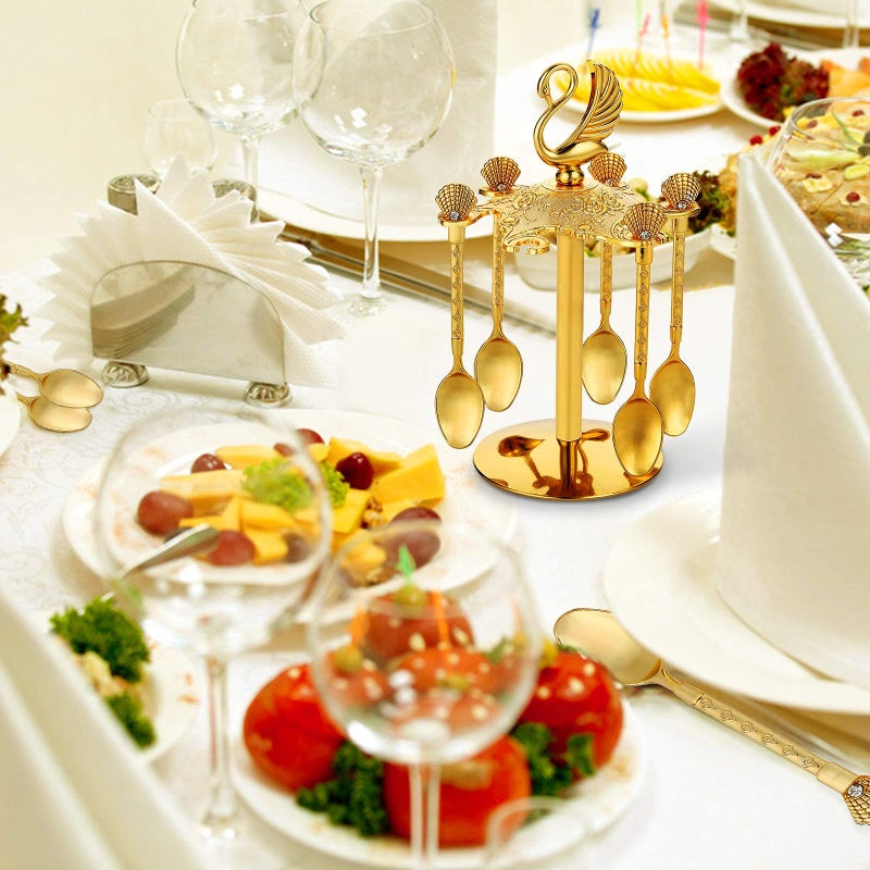 Flylin Decorative Swan Base Holder with 6 Spoons, Fancy Tea Spoons Coffee Dessert, Teaspoons, Jam Spoon for Fruit, Stirring, Mixing, Sugar, Ice Cream, Cake (Gold) - Image 4