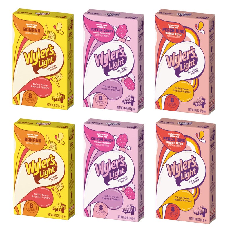 SINGLES TO GO! Wyler's Light Variety Pack - Pack of 6-2 Banana - 2 Cotton Candy - 2 Peach Ring - Singles To Go Powdered Drink Mix - Low Calorie - Zero Sugar - Image 1